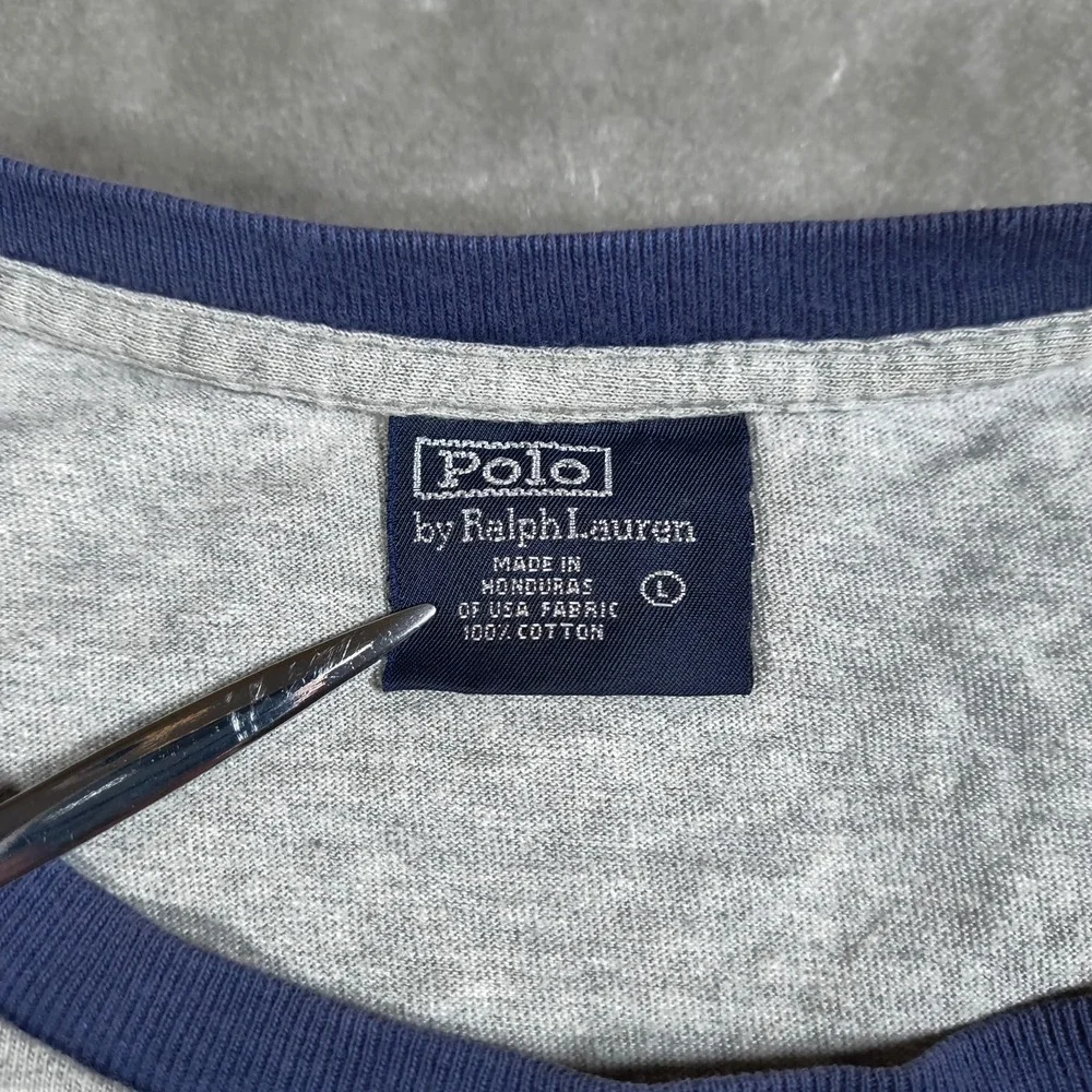 Vintage Polo Ralph Lauren Shirt Mens Large Gray‎ Blue Ringer 67 Crew Neck